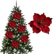 PLJFXXM 10’’ Large Heads Christmas Glitter Magnolia Flowers Christmas Tree Ornaments Giant Artificial Flowers with Long Stems for Xmas Tree Holiday Decorations