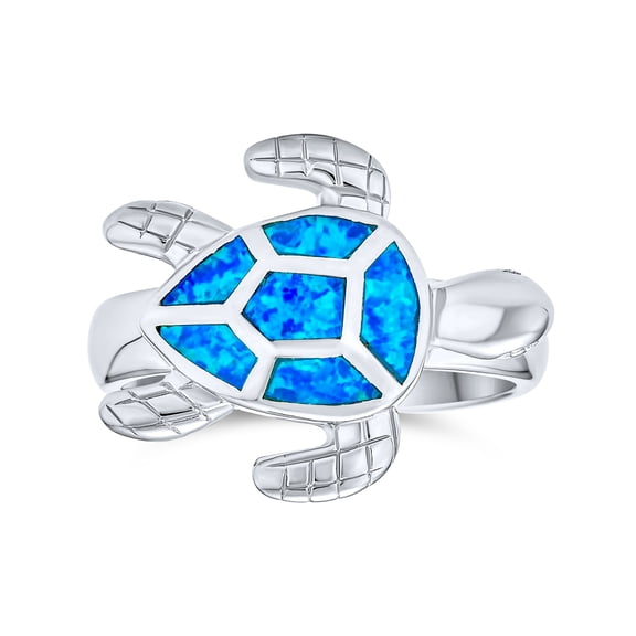 Bling Jewelry Womens Nautical Silver Ring with Iridescent Blue Opal Turtle Design Sterling