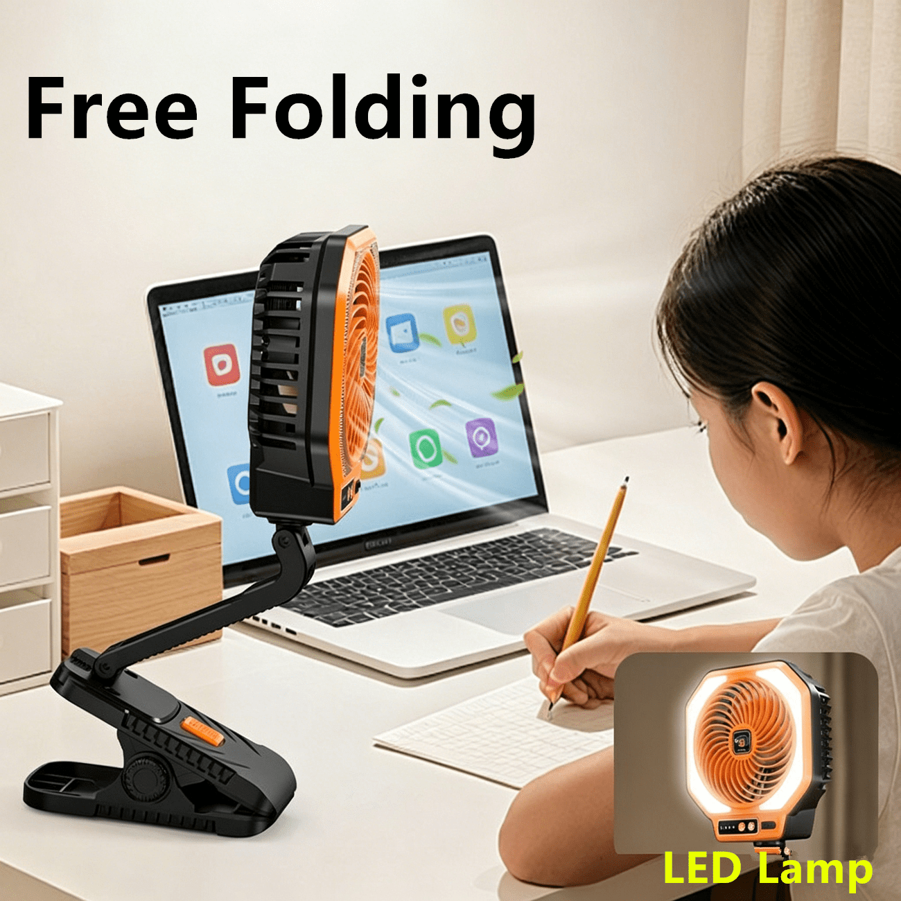 USB Rechargeable Camping Fan Portable Outdoor Foldable 3 Levels Tent Fan W/ LED Light