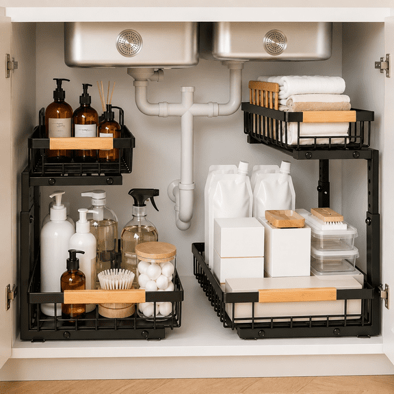 2 Pack Under Sink Organizer,2 Tier Thickened Metal Under the Sink Organizer,Height Adjustable Pull-Out Under Sink Storage Organizer,Under Sink Organizer Bathroom,Kitchen Laundry Pantry Cabinet