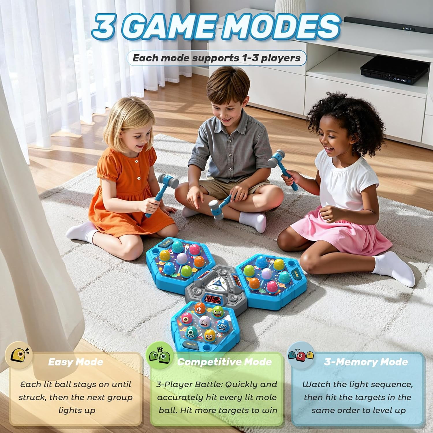 3-Player Whack Game Mole Toy , Early Learning Toy with Lights & Sounds, Interactive Pounding Hammer Toy with 3 Game Modes