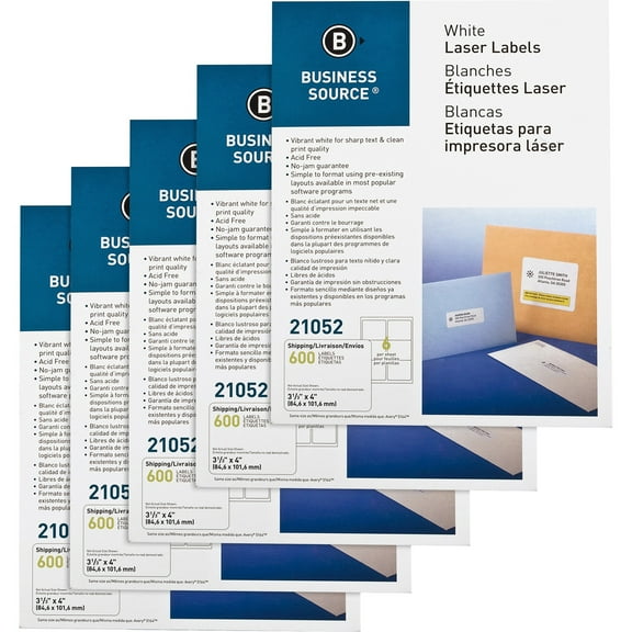 Business Source Bright White Premium-quality Address Labels - 3 1/3" X 4" Length - Permanent Adhesive - Rectangle - Laser, - White - 6 / Sheet - 3000 / Carton