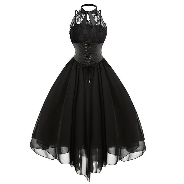 HKEJIAOI Liquidation d'Aubaines Robe Femme Femme Mode Style Gothique Aguichant Robe de Banquet Festival Robe en Dentelle Chiffon Noir