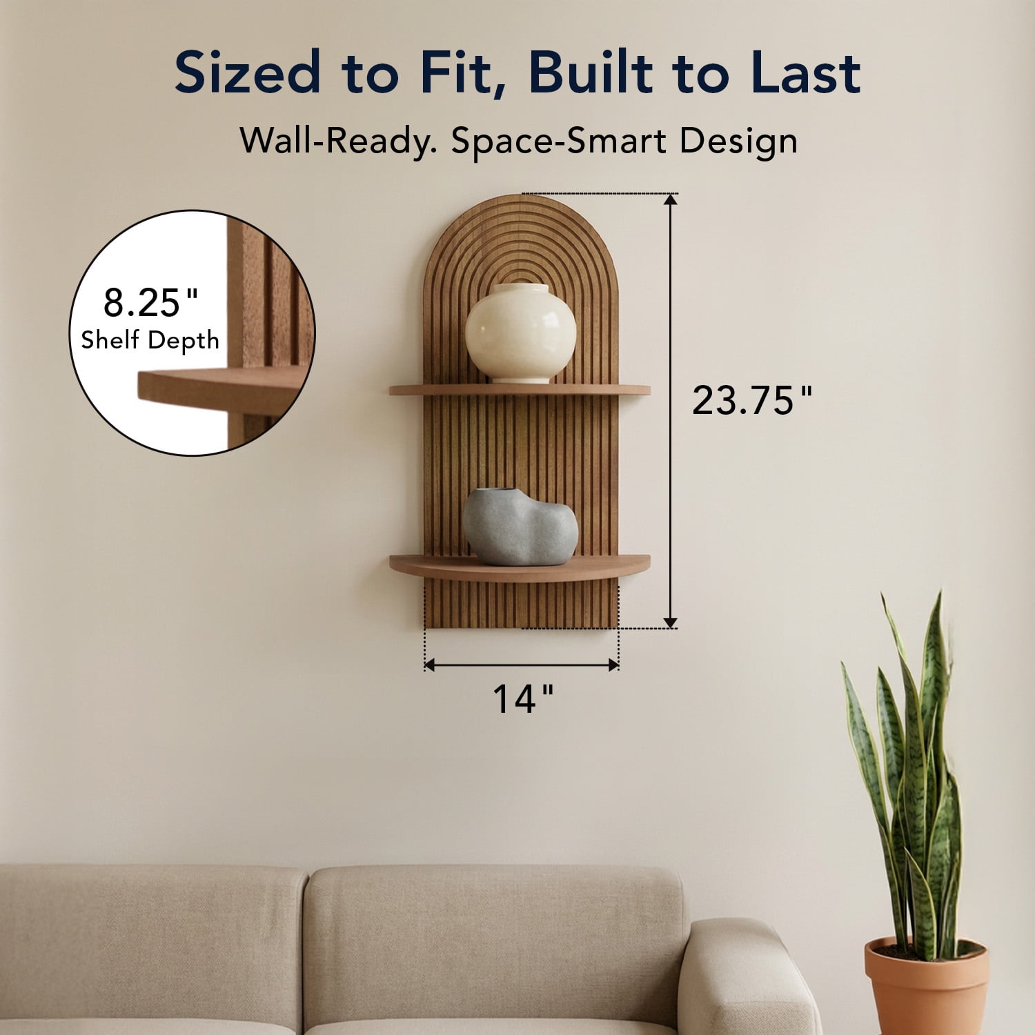 American Art Decor Dark Walnut Boho Arched Lunar Ledges Wall Shelf, Wooden 2-Tier Floating Bookshelf for Wall, Carved Fluted Arch Display Shelf for Bedroom Kitchen Living Room Decor, 14" x 24"