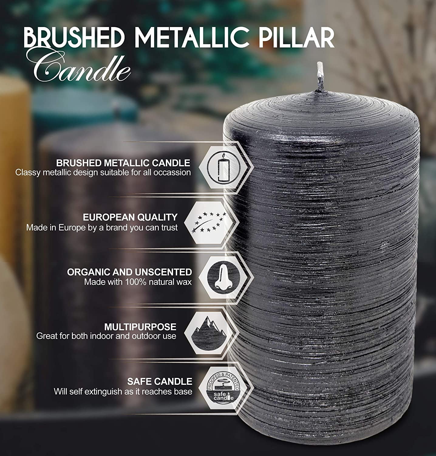 Hyoola, 2.75 x 5 Unscented Black Brushed Metallic Rustic Pillar Candles, Paraffin Wax with Cotton Wicks, 6-Pack