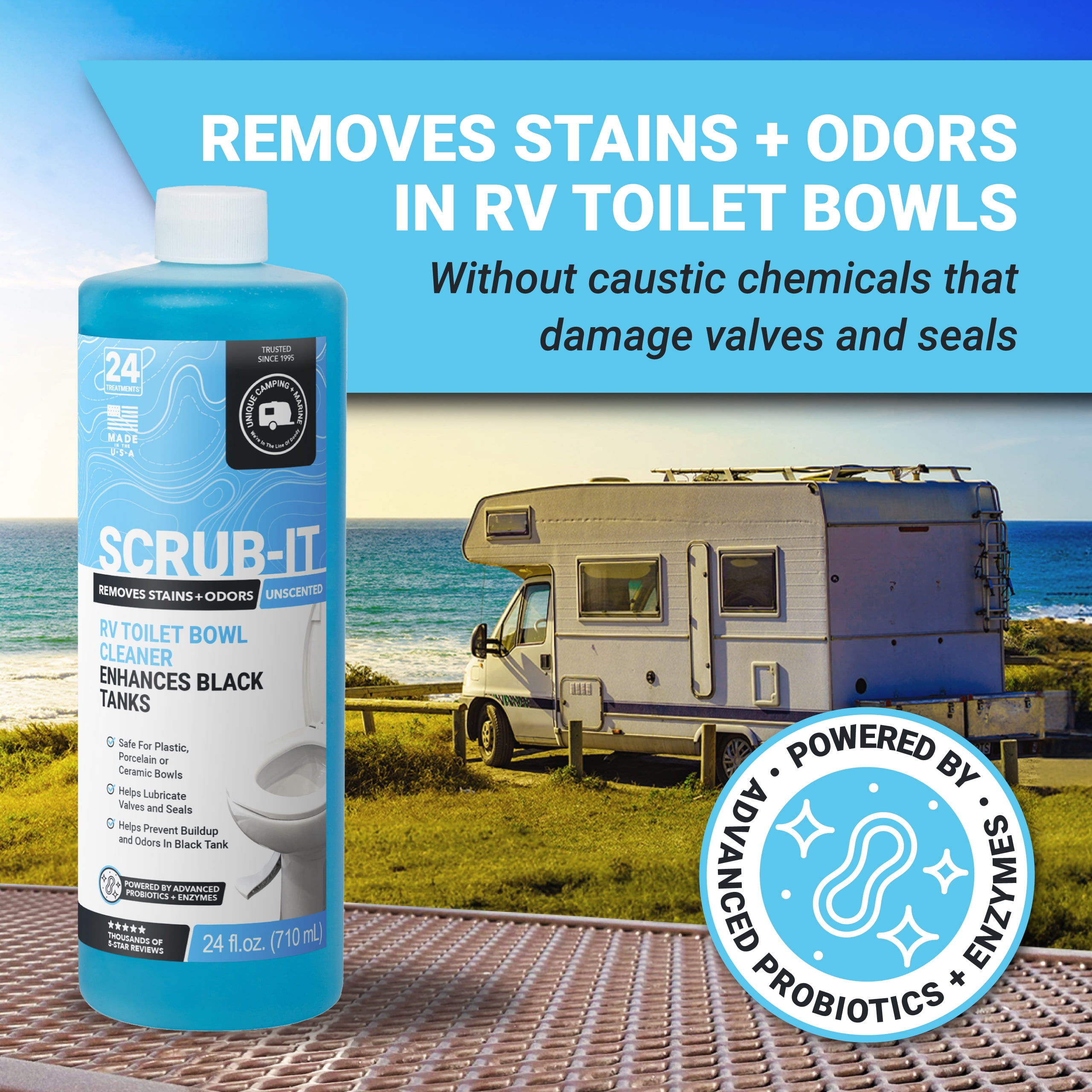 Unique Scrub-It RV Toilet Bowl Cleaner Gel, Removes Stains and Odors, Safe RV Toilet Cleaner for Plastic, Ceramic, and Porcelain, 24 fl oz