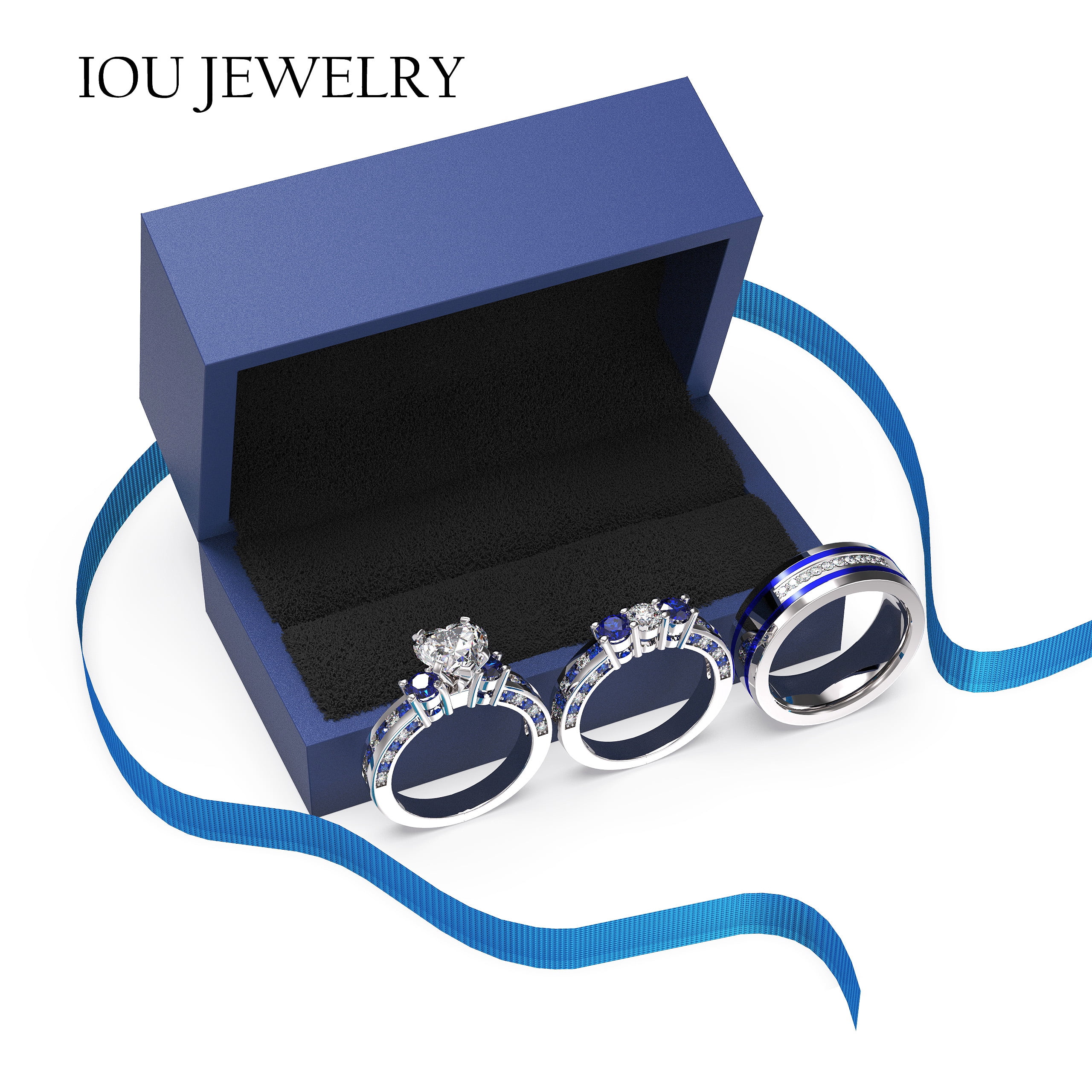 3pc Couples Wedding Ring Sets His And Hers Women Sterling Silver Blue Moissanite and men Wedding Bands Together With Ring Gift Jewelry Box