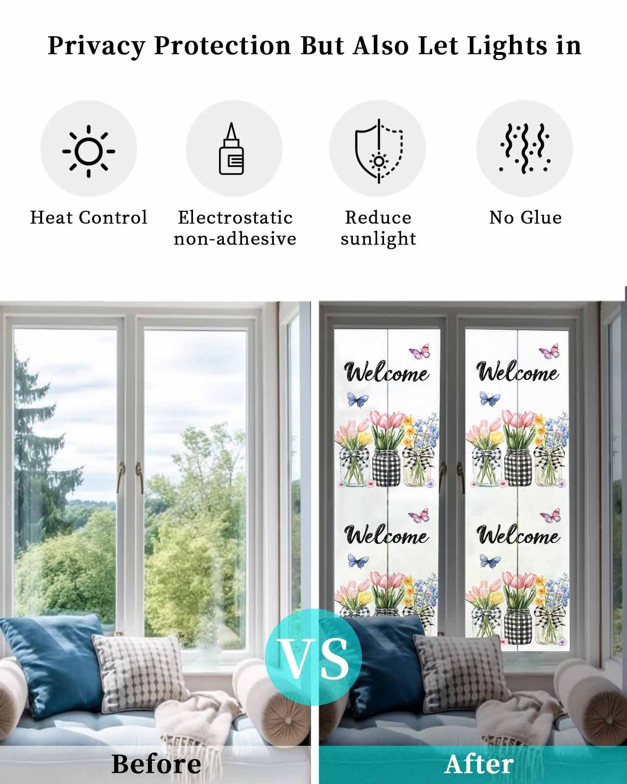 Window Privacy Film Spring Flowers Stained Glass Window Film Decorative Sun Block Window Cover Farmhouse Tulip Botanical Watercolor Window Clings Static Adhesive Sticker for Bathroom 29.5"x118"