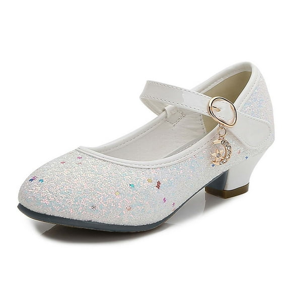 LOVZFMLL Girl's Dress Shoes Sparkly Classic Mary Jane Glitter Low Heels Wedding Party Princess Shoes for Toddler Kids White 4-4.5 Years