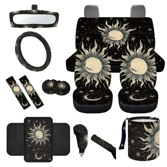 Yuyamidu Sun and Moon Car Seat Cover Full Set of 14 Steering Wheel Cover Auto Seatbelt Pads Cup Coaster Trash Can Rear View Mirror Cover Coasters Armrest Cover Gear Shift Knob Cover Set