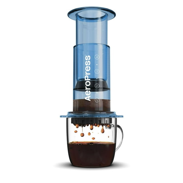 AeroPress Clear Blue Coffee Press - Método de preparación 3 en 1 que combina prensa francesa, vertido, espresso, café con cuerpo sin arena ni amargor, pequeña cafetera portátil para acampar y viajar,