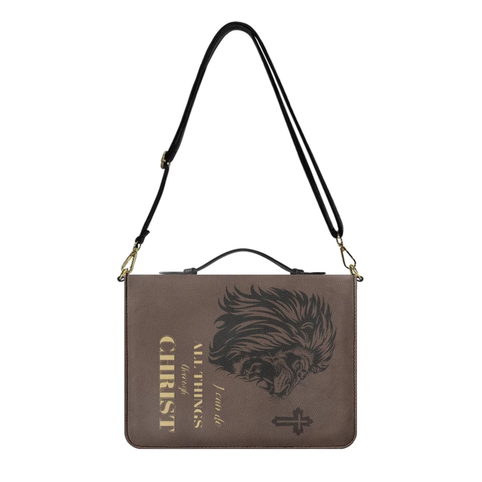 Kuiaobaty Cross Lion Print Bible Case for Women Men Leather Bible Cover Church Bag with Bookmark Roomy Bibles Carrying Case with Handle and Strap for Christian Daily, Brown