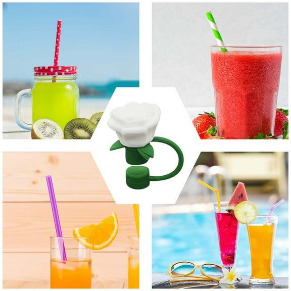 Linnome Rose Shaped Straw Toppers Flower Design for Valentine's Day Party Drinks Festive Beverage Accessory