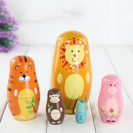 - 5 Pcs/Set Children Toys Russian Nesting Dolls Wooden Animals Matryoshka Doll Handmade Crafts Toy Kid Gifts