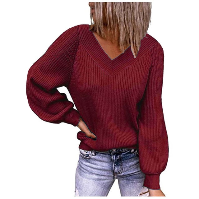 Pompotops Mode Dames Décontracté Uni Manches Longues Col en V Pull Ample Blouse Femme