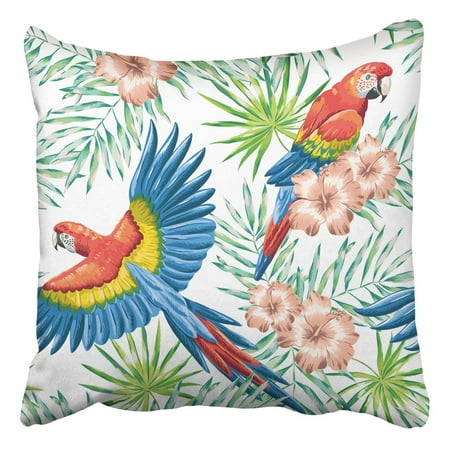 Hibiscus Flowers Care BPBOP Red Macaw Parrots Green Palm Leaves Pink Hibiscus Flowers Pillowcase 16x16 inch ()