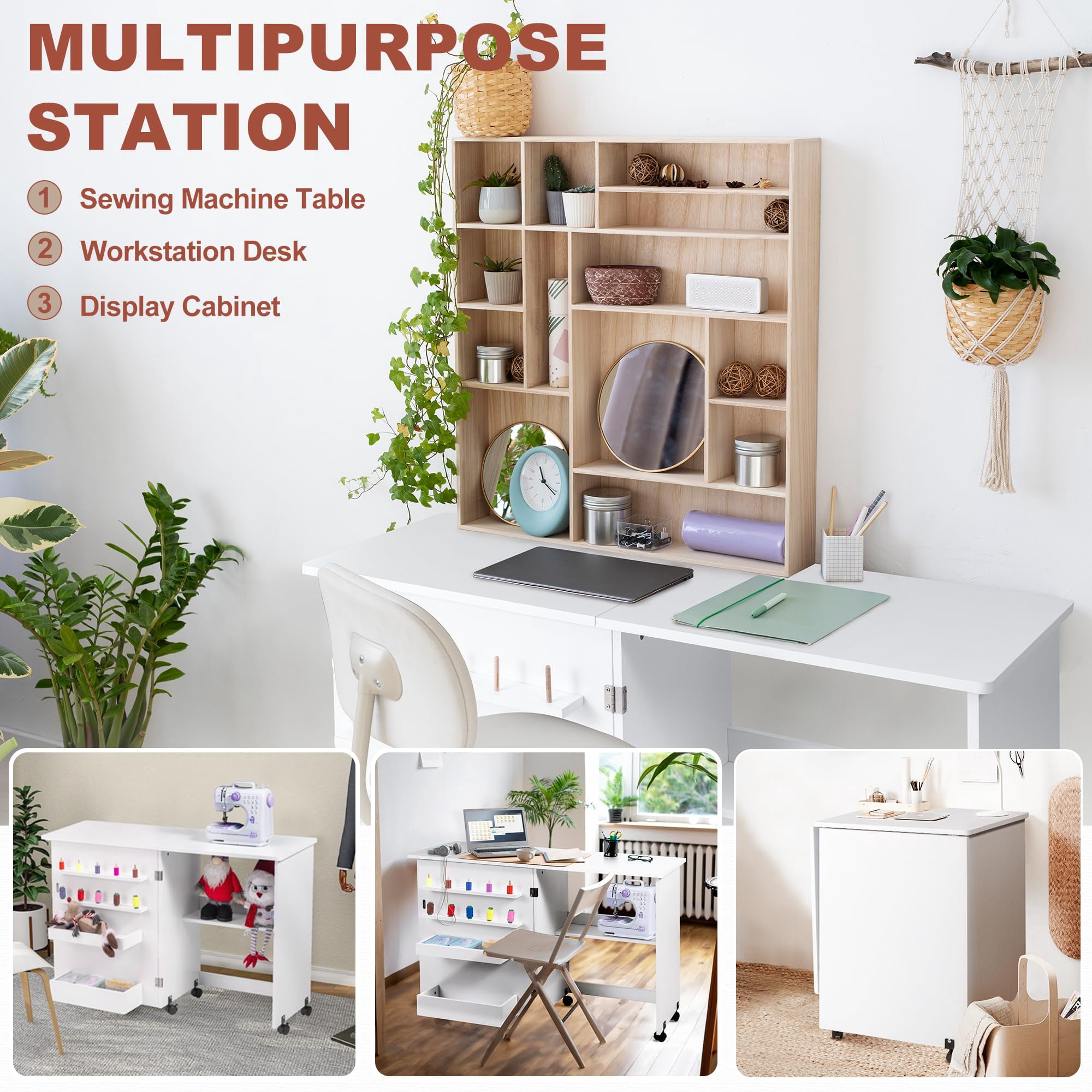 Vividwood Folding Sewing Table, Multipurpose Sewing Machine Table with Compact Design, Wheels, Shelves, Bins, Pegs, Magnetic Locks (White)