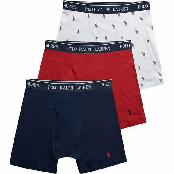 POLO RALPH LAUREN Mens Classic Fit Cotton Boxer Briefs, 3-pack, White/Navy/Red, Medium