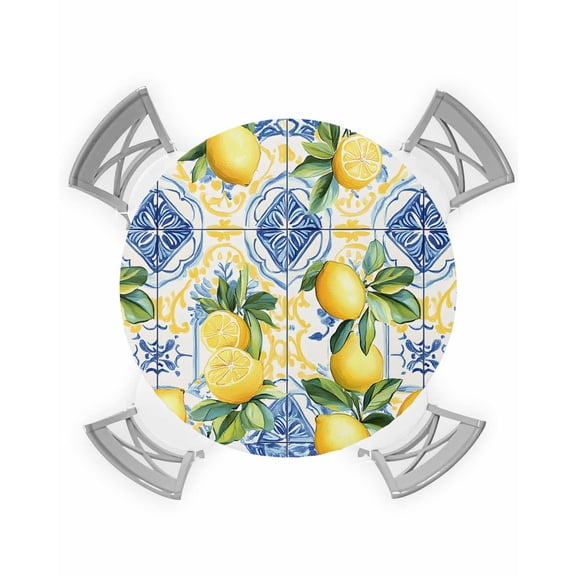 nqOlkjepod Botanical Lemon Round Tablecloth, Fitted Table Cover with Elastic for 36"-44" Round Tables, Spring Countryside Floral Blue Tile Table Cloth Outdoor Dinning Party Waterproof Tablecloths