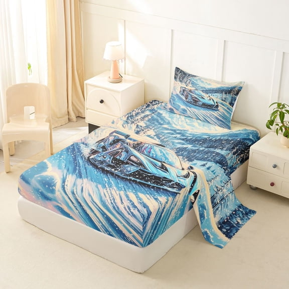 jejeloiu Blue Racing Car Twin Sheet Sets,Speed Extreme Sport Bedding For Boys Kids 3 Pieces