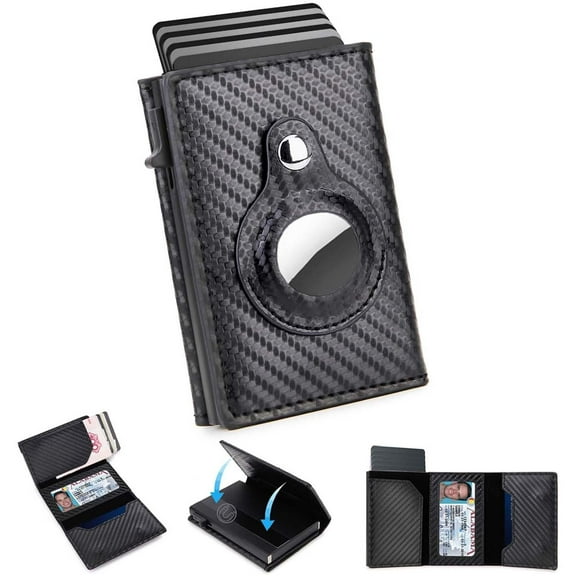Koudindg Carbon Fiber Smart Mens Wallet Card Holder for AirTag Minimalist Leather Wallet RFID Blocking Pop up Aluminum Case