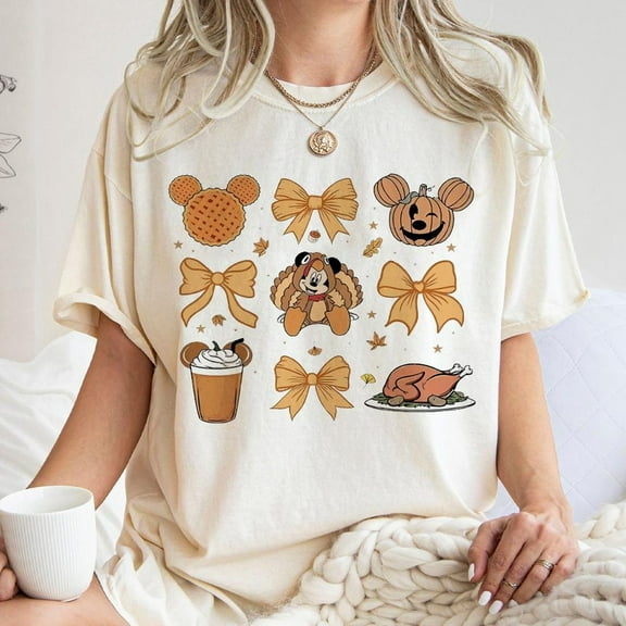 Coquette Bows Disney Thanksgiving Shirt, Mickey Turkey Pumpkin Latte Thankful Shirt, Disney Thankful Sweatshirt, Wdw Disneyland Trip Tee, S-5XL Shirt