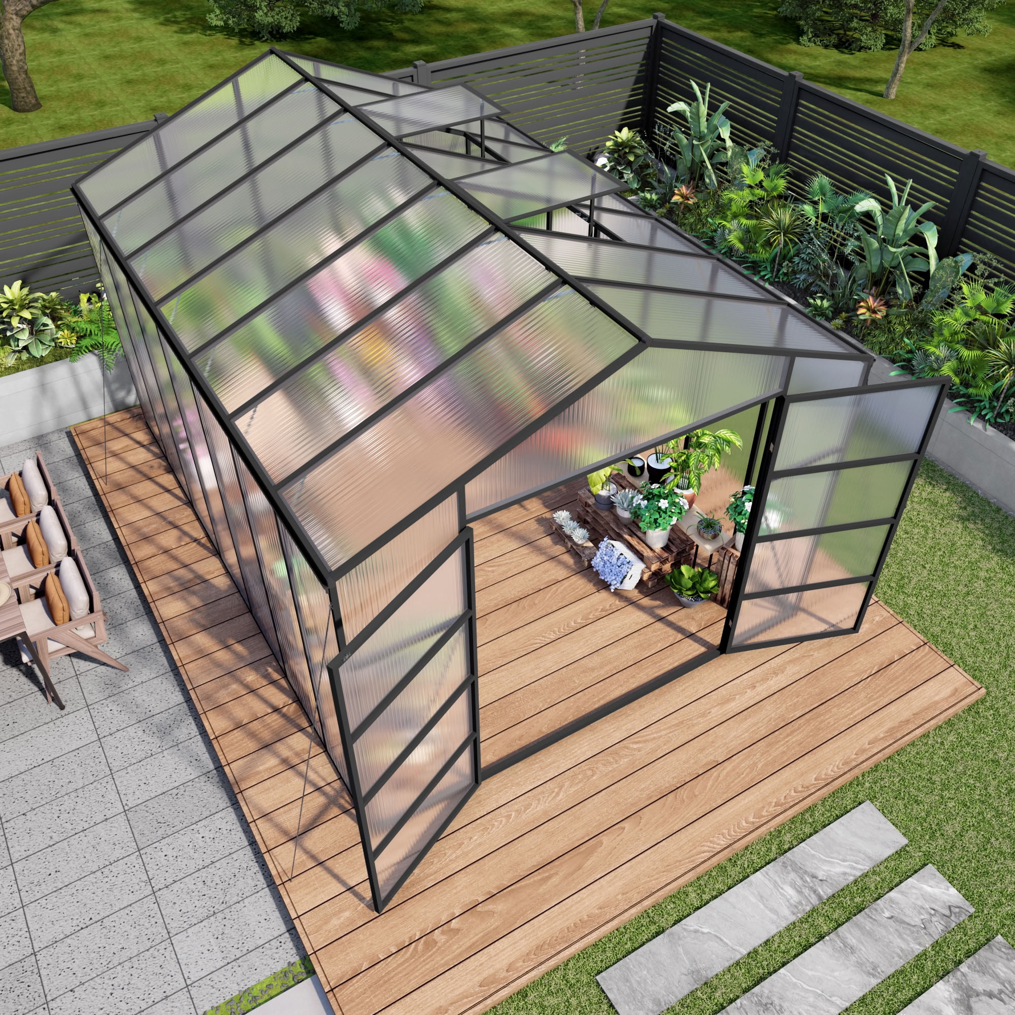 MAYEERTY 10x14 FT Walk-in Greenhouse with Aluminum Frame, All-Season Windproof Greenhouse with Drainage for Backyard, Garden & Patio