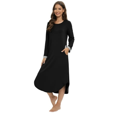 

Women s Long Nightgown Long Sleeve House Dress Round Neck Side Split Pajamas Sleepwear with Pockets Casual Comfy Full-Length Nightdress Black S-3XL