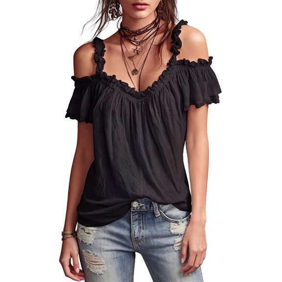 Women Cold Shoulder Ruffle Trim Top V Neck Short Sleeve Casual Blouse Black S