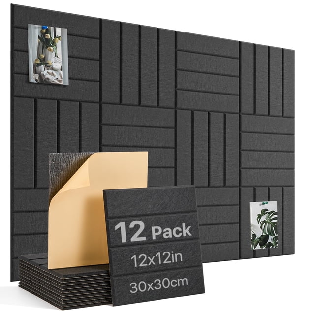 Panel de corcho Woovio, 12 piezas, baldosas de fieltro negro de 30 x 30 cm