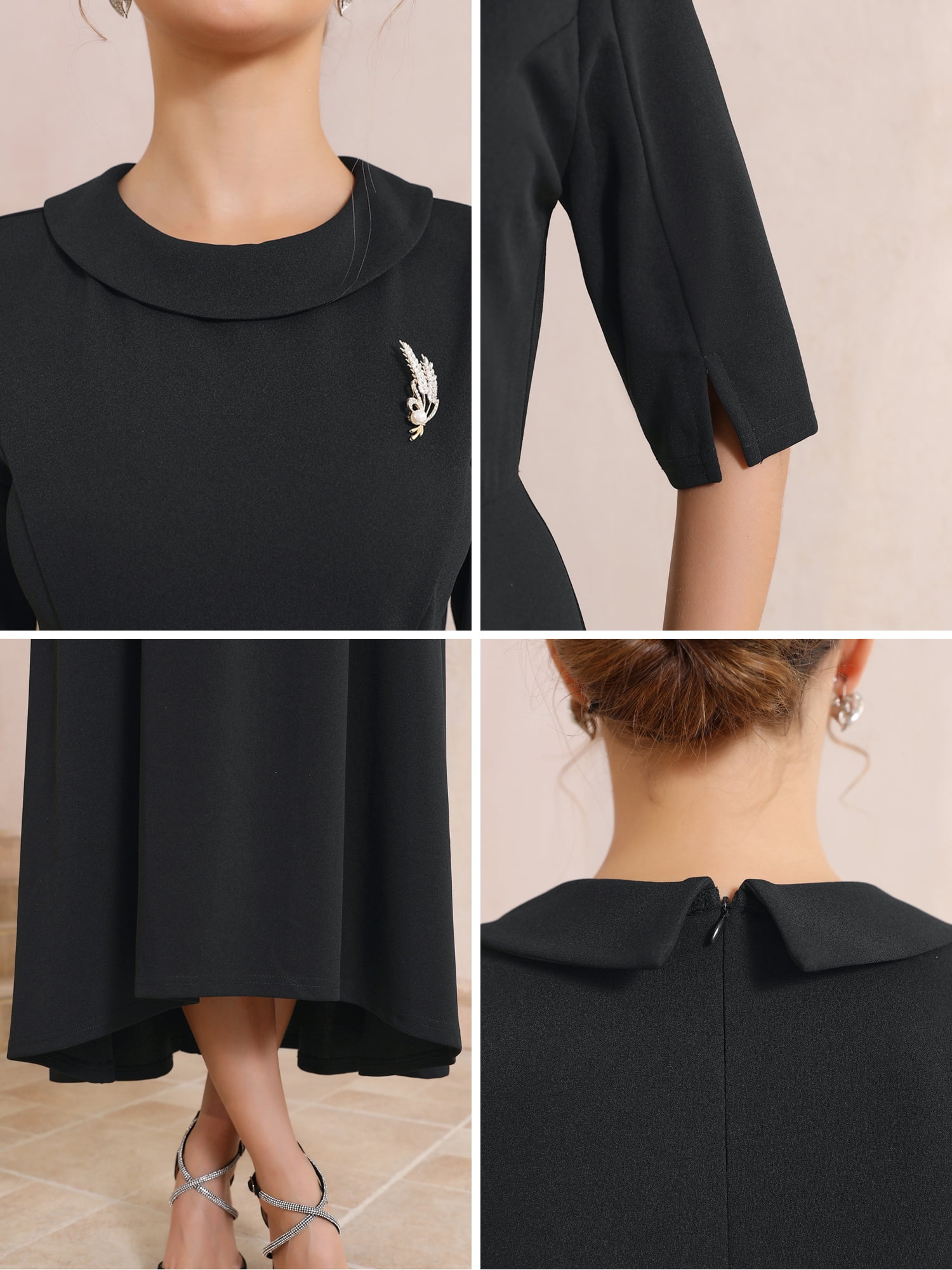 DARING DIVA Women's Elegant Vintage Classic Collared Half Sleeve Dresses L Black