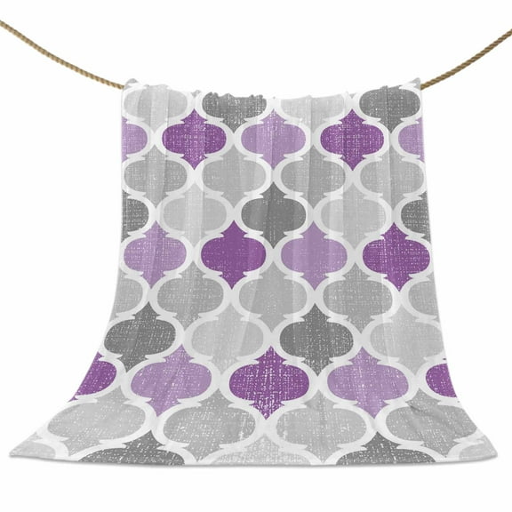 Flannel Fleece Blanket Abstract Geometric Morocco Pattern Super Soft Warm Cozy Throw Blanket Purple and Gray Bed Couch Car Blankets for All Season 50" x 60"
