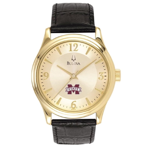 Mississippi State Bulldogs Gold-Tone Stainless Steel Watch with Black Leather
