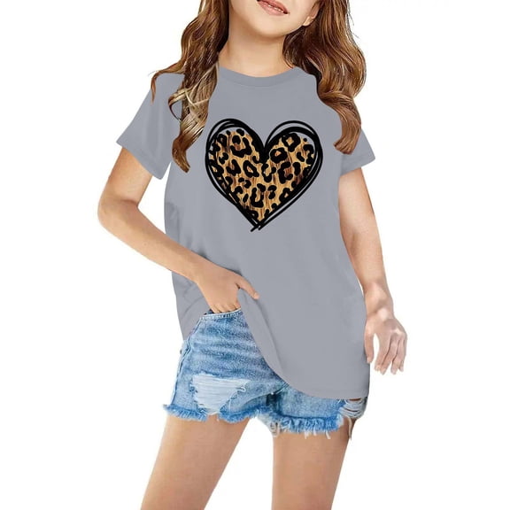 LEKWK Girls Leopard Heart Graphic T-Shirt Short Sleeve Crew Neck Loose Tops Lightweight Retro Animal Print Casual Shirts Fashion Back to School Outfits