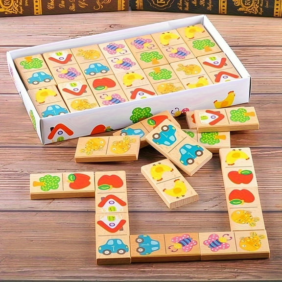 28 Piece Wooden Dominoes Educational Toys With Fruit And Animal Designs, Develop Logical Thinking Problem Solving And Hand Eye Coordination, Sturdy Portable Family Game Night