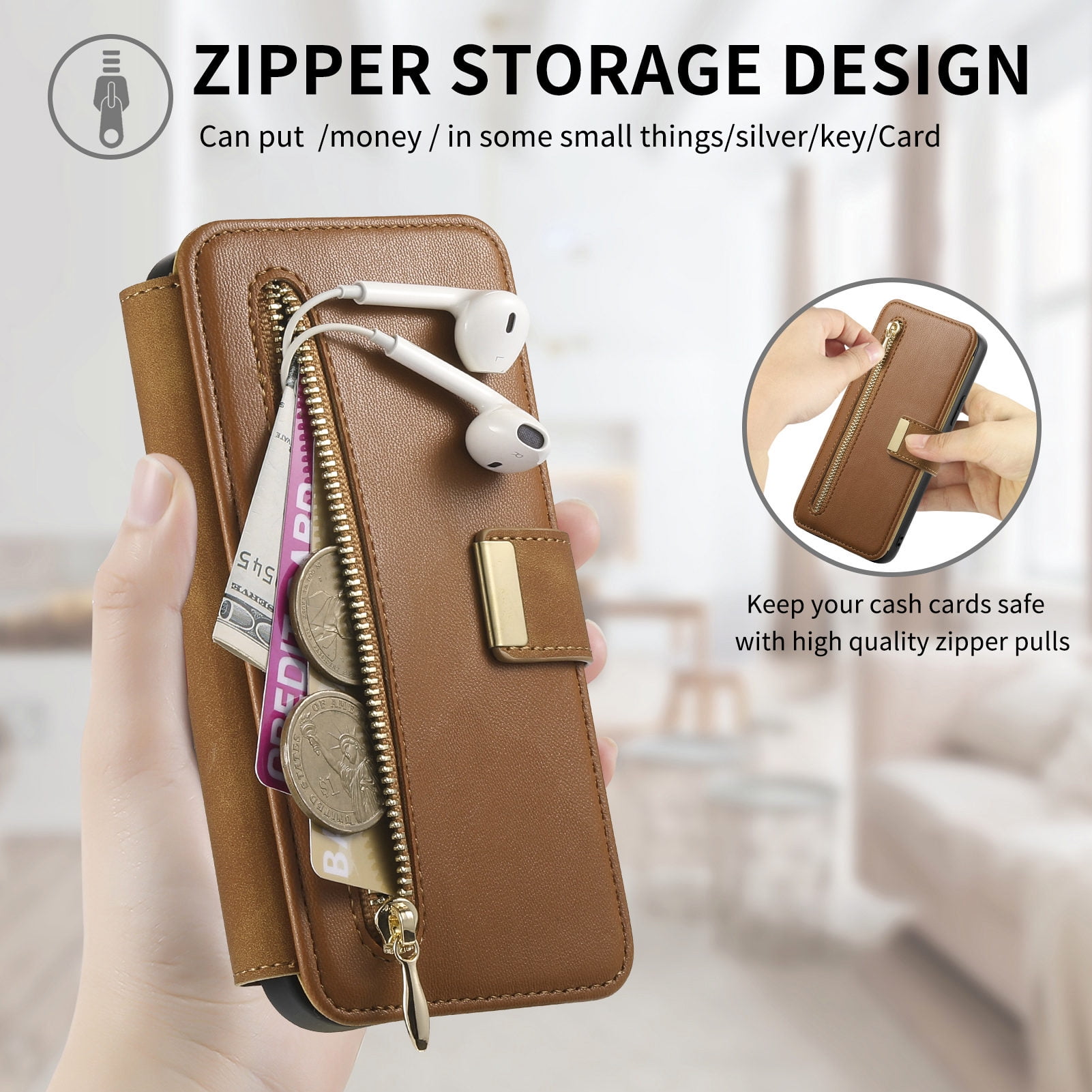 TECH CIRCLE for Galaxy S24 FE 2-in-1 Phone Case 6.7" 2024, Magnetic Back Cover with Removable Flip Wallet Case, with Card Slots/Ring Holder Grip, Compatible with MagSafe, PU Leather Case, Brown