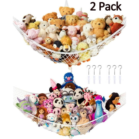 Asunby 2-Pack Jumbo Toy Hammock for Stuffed Animals, Extra-Large Wall Sling Corner Net Organizer for Plush Toys, Mesh Storage for Kids' Room