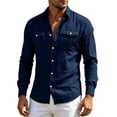 thumbnail image 4 of YLSDY Men's Linen-Blend Long Sleeve Shirt, Button-Down Collared Top with Chest Pocket, Casual Summer Style Navy M, 4 of 7