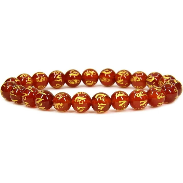 Angelstones Bracelet Extensible Unisexe en Perles Rondes 8 mm en Agate Rouge Naturelle à Six Mots 7 Pouces