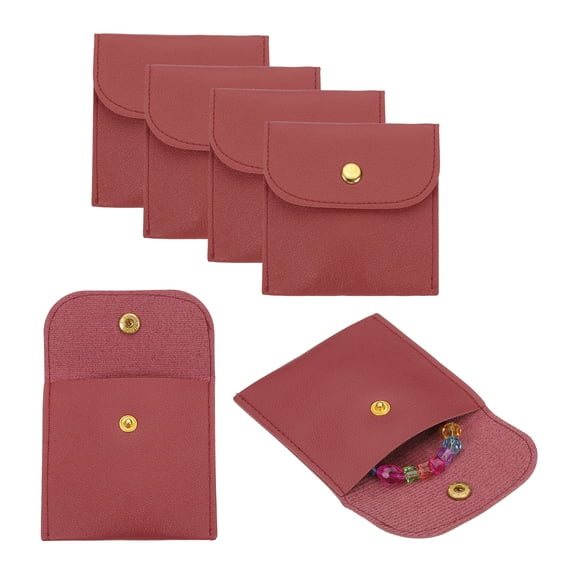 Uxcell PU Leather Jewelry Bag, 6Pcs 8 x 8cm - Jewelry Pouch with Snap Button, Square Small Travel Bag for Earrings, Rings, Necklaces Packaging (Wine Red)