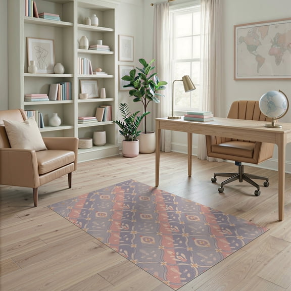 ODIKA 4'x6' Pink Pastel Lavender Geometric Design Washable Area Rug Elegant Floral Motif with Classic Symmetry Non-Slip, Chair-Friendly, Flatwoven for Home Office, Under Desk