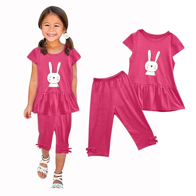 LSLJS Girl's Été Col Rond Petit Imprimé Manches Courtes Volants Taille Élastique Recadrée Pantalon Deux Pièces Ensemble Vêtements d'Été Vêtements pour Enfants à la Mode 2024