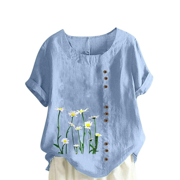 Camiseta suelta informal de verano con cuello redondo y manga corta con estampado de flores para mujer OAVQHLG3B Store lin121212
