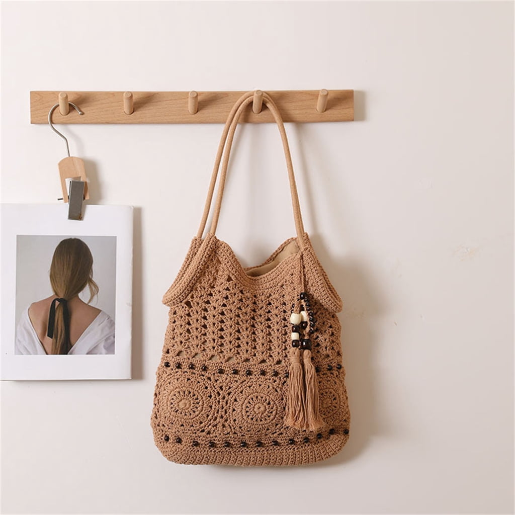Bohemian Crochet Shoulder Bag for Women Handbag Summer Beach Bag with Tassels