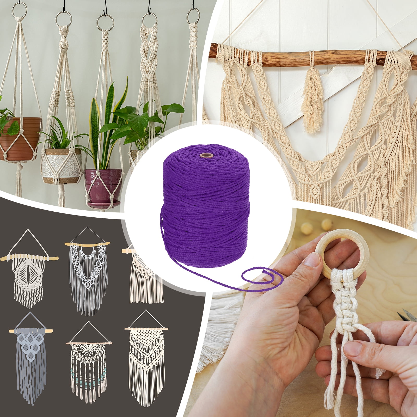 Uxcell Natural Macrame Cord 3mm x 328 Yards 4 Strand Twisted Cotton Macrame Rope for DIY Knitting Plant Wall Hanger Dreamcatcher, Deep Purple