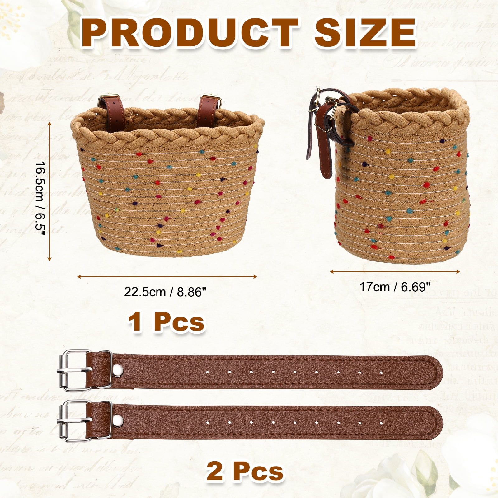 Uxcell Bike Basket, Cotton Rope Bicycle Basket Adjustable Front Baskets with 2 Leather Belt Buckles Unisex Strong Load 8.8 x 6.7 x 6.5" & Khaki-Fitting For(Bikes/Tricycle/Scooters)