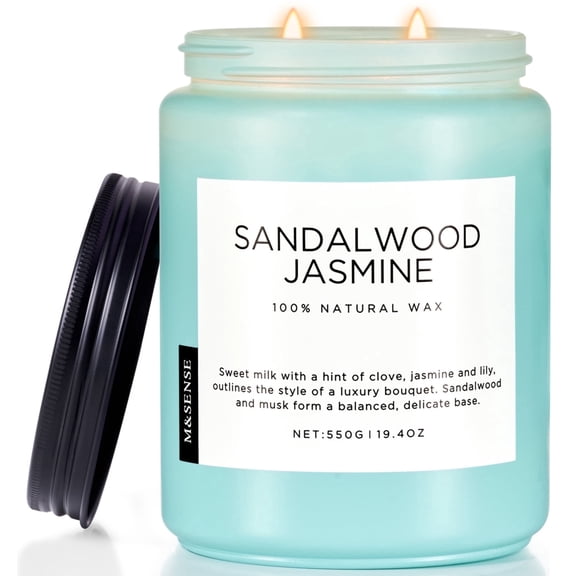 M&SENSE Sandalwood Jasmine Scented Candle, 19.4oz Soy Jar Candles for Home, Large 2 Wick, Up to 110 Hours Burn time, Natural Organic Fragrance