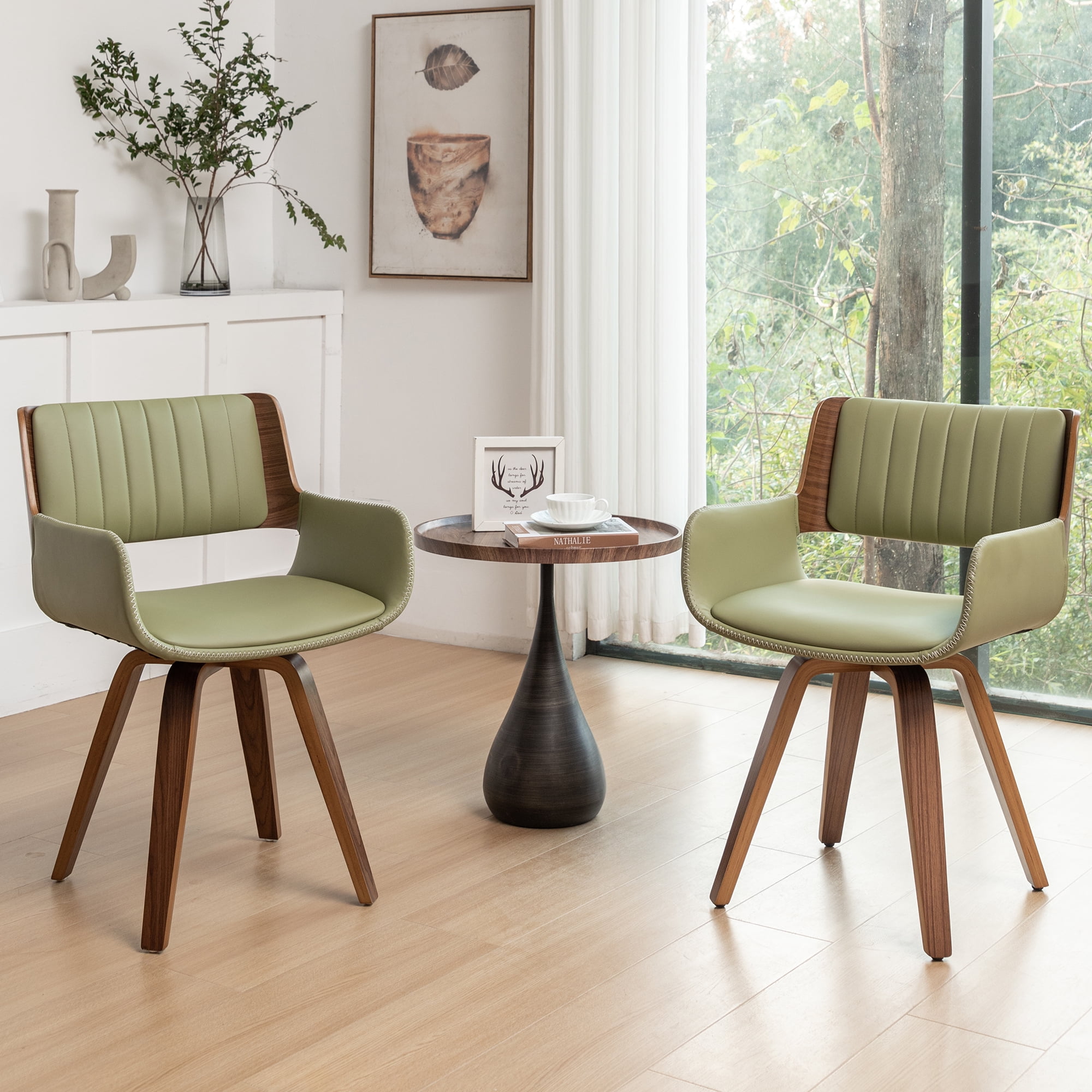 FOWEOAIU Modern Dining Chairs,Leather Upholstered Walnut Wood With rotation Kitchen Dining Chairs , Green (Set of 2)