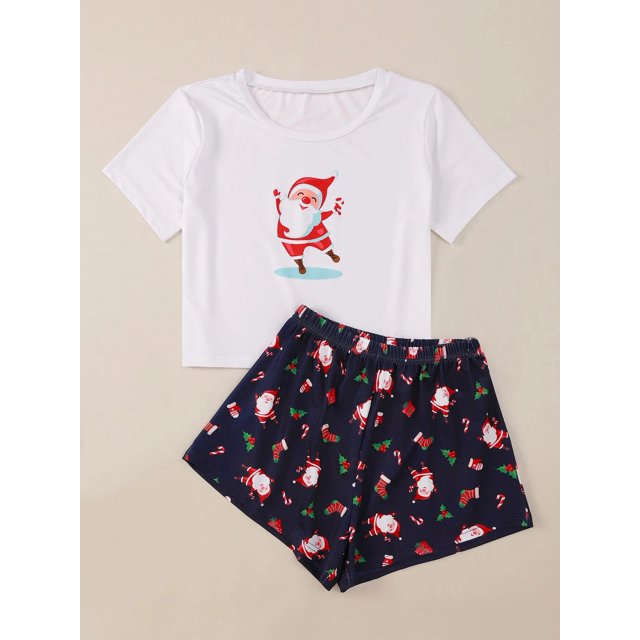 Nuevo estilo, camisetas y pantalones cortos con estampado de Papá Noel para mujer, conjunto de pijama, ropa de dormir informal de Feliz Navidad, traje para casa