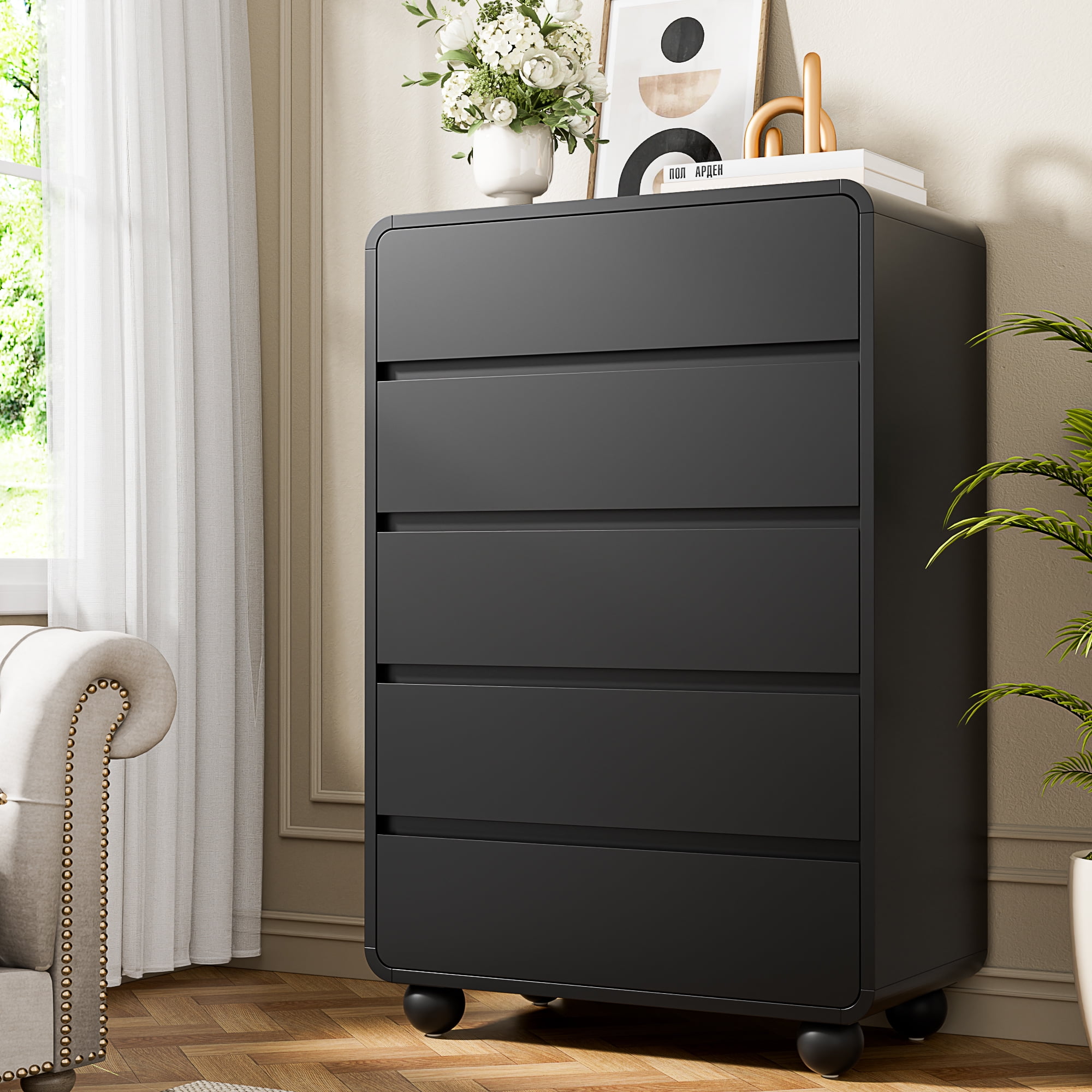 Aufeile 41" Tall Dresser for Bedroom, 5 Drawer Modern Wood Dresser with Curved Profile, Chest of Drawers for Bedroom, Vertical Storage Cabinet for Living Room, Entryway, Black